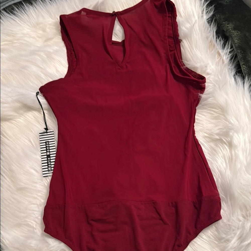 Haute Monde NWT L BURGUNDY LACE FLOWER APPLIQUÉ MESH SEXY BODYSUIT - Picture 7 of 8